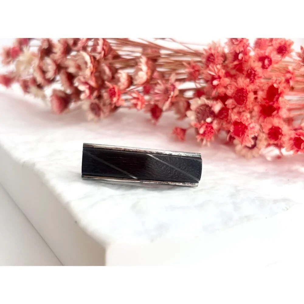 Taxco, Mexico Sterling Silver Dark Wood Short Vintage Men's Tie Bar | Tie Clip